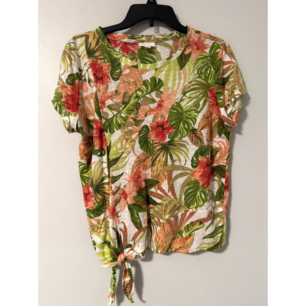 J.Jill Love Linen Tropical Floral Side Tie Short Sleeve Top Green Coral Medium